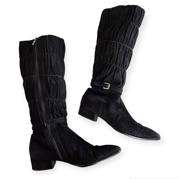 PRADA Black Suede Sock Boots Ruched Shaft With Buckle Knee High Size 37.5 us 7.5 - Picture 1 of 13